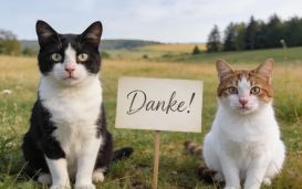 Eine schwarzweise und weissbraune Katze sitzen neben einem Schild mit der Aufschrift Danke!